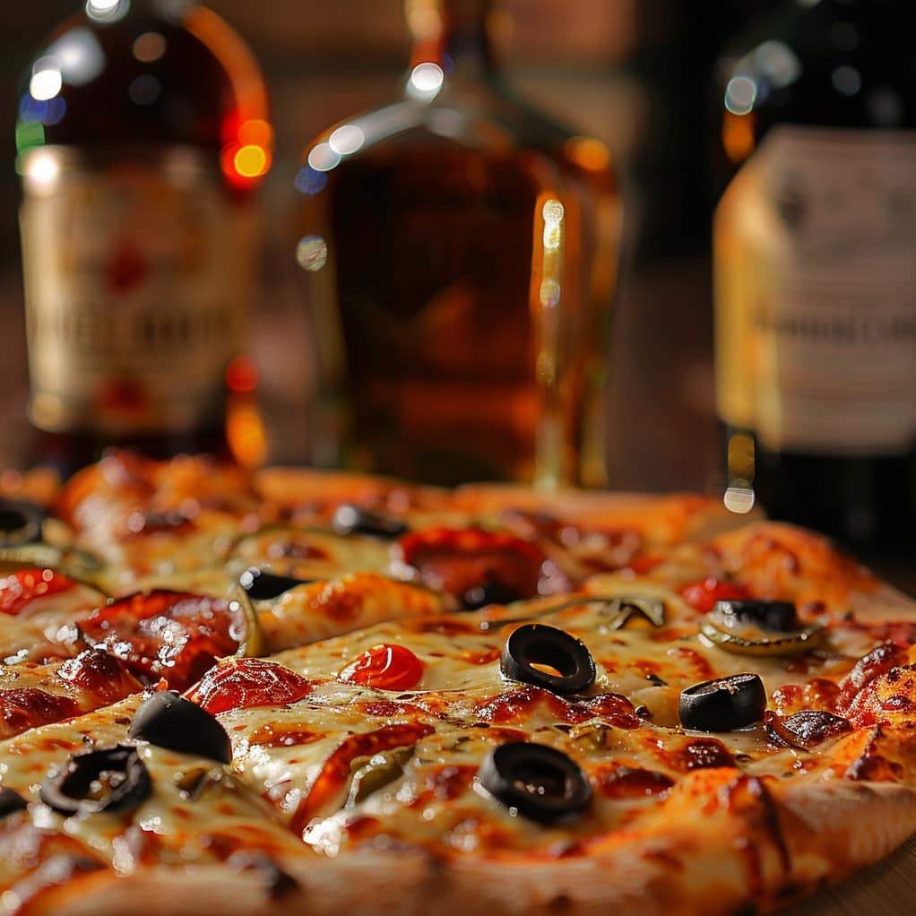 AI generated image example - pizza and bottles of liquor